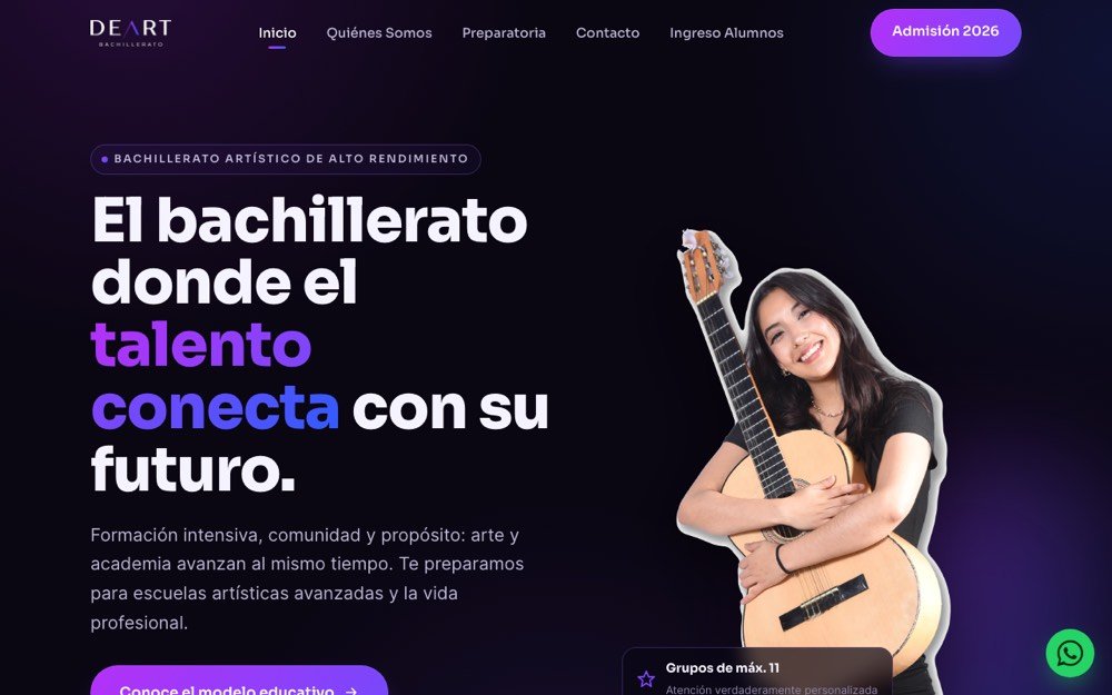 Portada del sitio de DEART, con el lema «El bachillerato donde el talento conecta con su futuro»